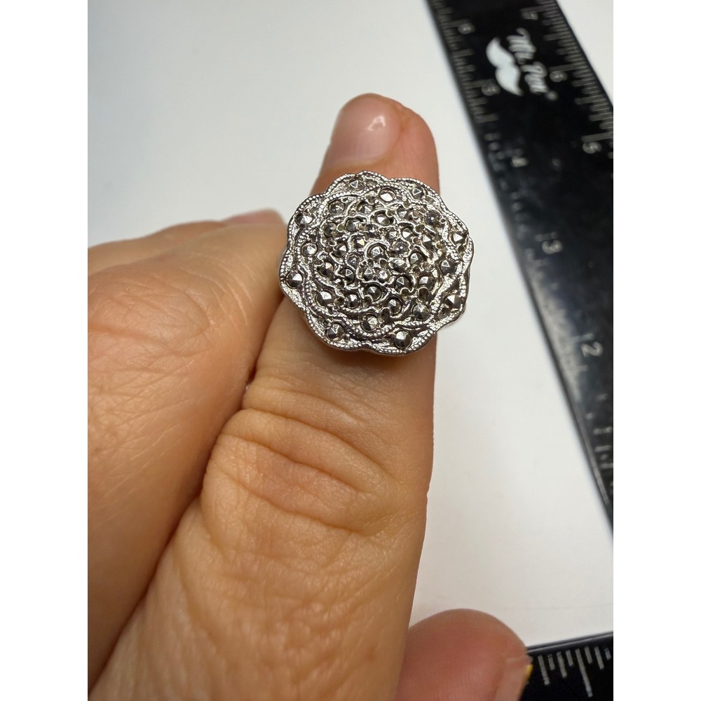 Silver Tone Marcasite Flower Cocktail Ring Size 6.5 Floral Statement Jewelry